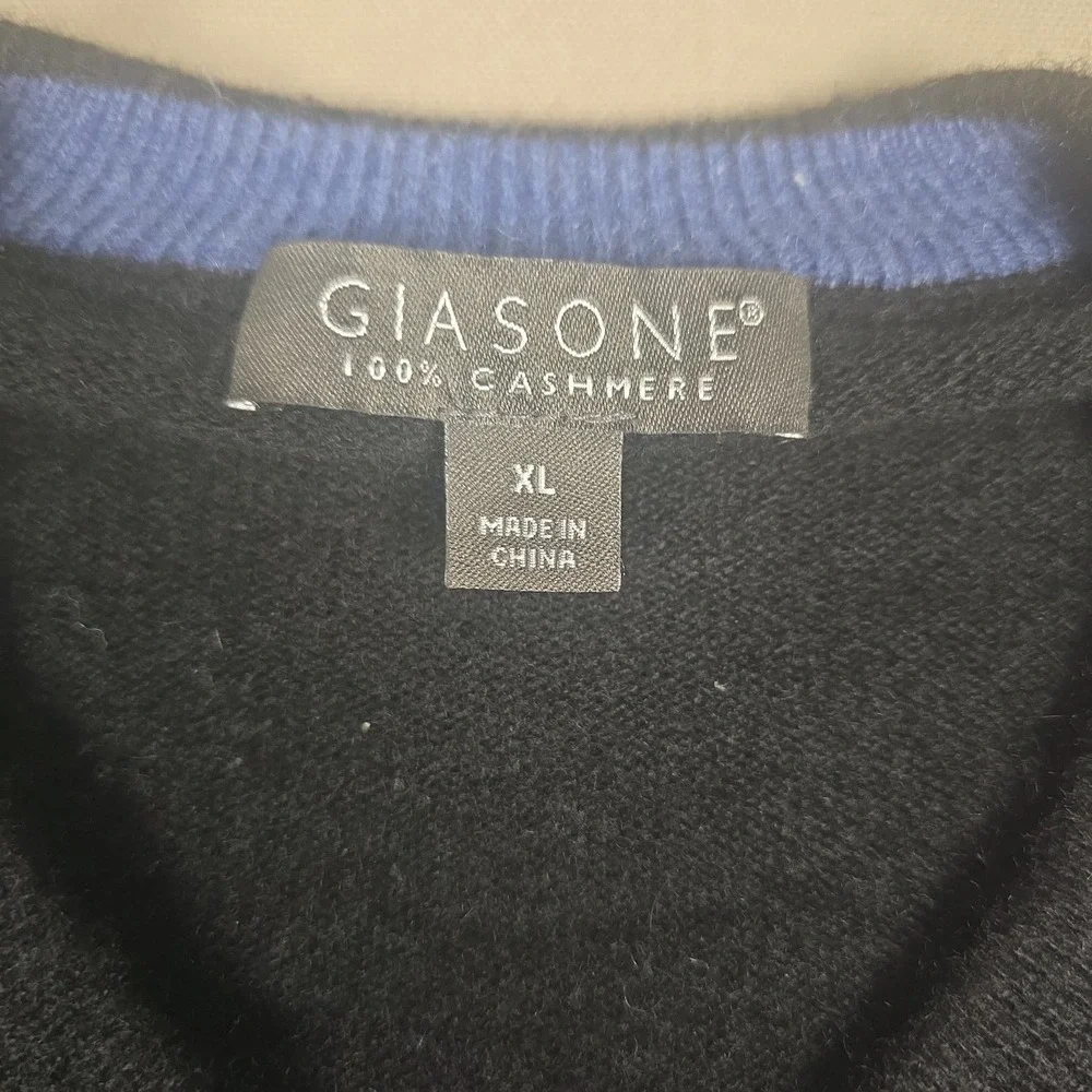Giasone Cashmere Knit Argyle Crew Neck Pullover Sweater Black Gray Blue Men's XL